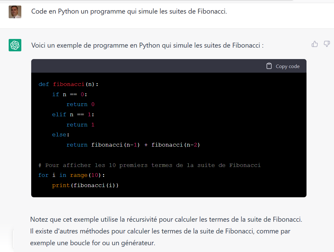 Programme pour les suites de Fibonacci en langage Python
